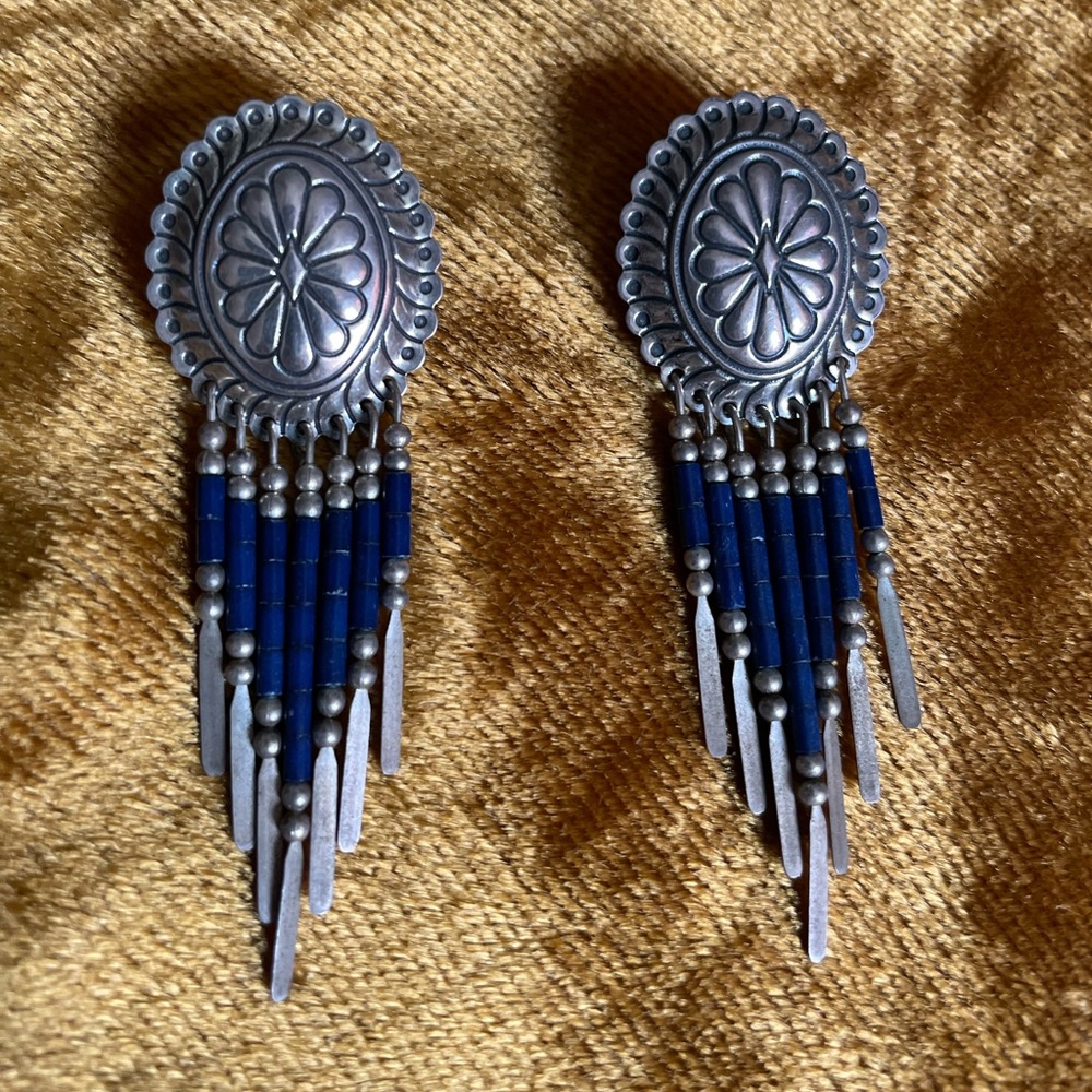 Concho and Lapis sterling silver western style rodeo tribal dangle drop earrings